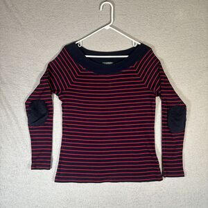Lauren Ralph Lauren Sweater Navy Blue Red Stripe Boat Neck‎ Size XL Elbow Patch
